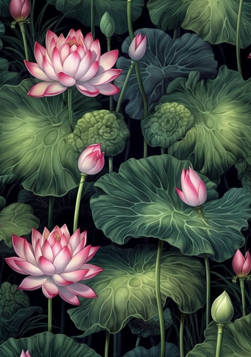 池塘里盛开的荷花与荷叶自然插画壁纸背景,插画/手绘图,插画/手绘图库,插画/手绘图下载,插画/手绘